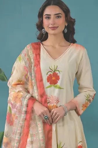 Women Floral Printed Panelled Pure Cotton Kurta with Trousers & With Dupatta