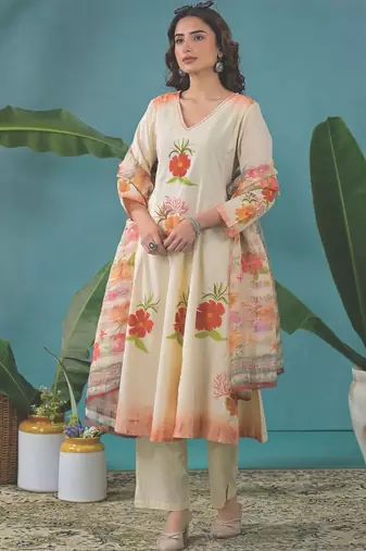 Women Floral Printed Panelled Pure Cotton Kurta with Trousers & With Dupatta