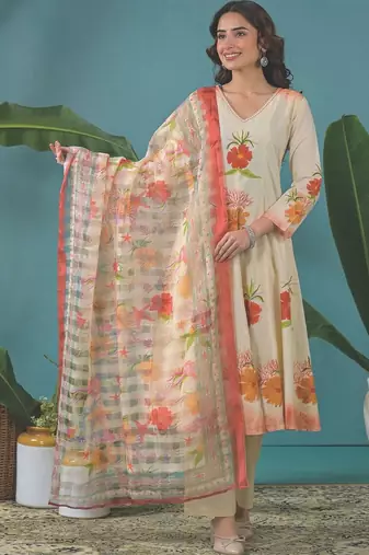 Women Floral Printed Panelled Pure Cotton Kurta with Trousers & With Dupatta