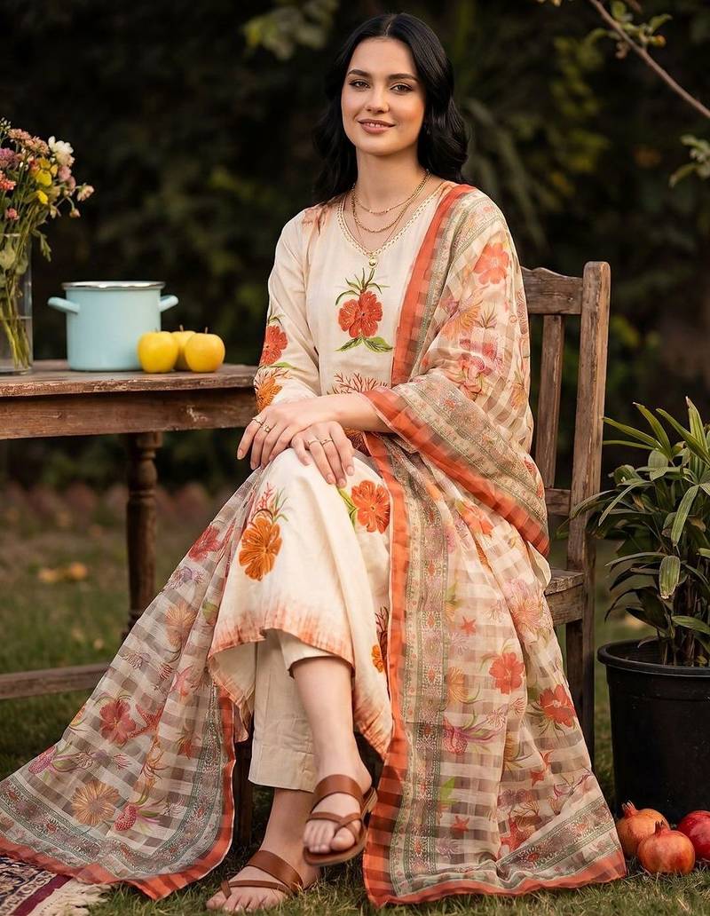Women Floral Printed Regular Thread Work Pure Cotton Kurta with Trousers & With Dupatta