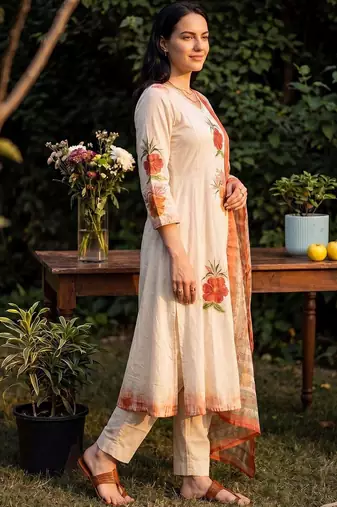 Women Floral Printed Regular Thread Work Pure Cotton Kurta with Trousers & With Dupatta