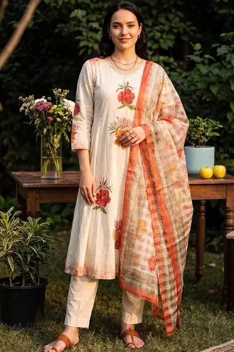 Women Floral Printed Regular Thread Work Pure Cotton Kurta with Trousers & With Dupatta