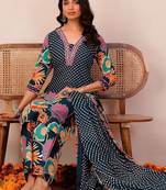 Women Floral Printed Regular Thread Work Pure Cotton Kurta with Palazzos & With Dupatta