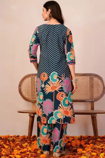 Women Floral Printed Regular Thread Work Pure Cotton Kurta with Palazzos & With Dupatta