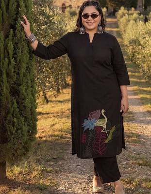 Plus Size Black Embroidered A-Line Kurta Palazzos Set 1
