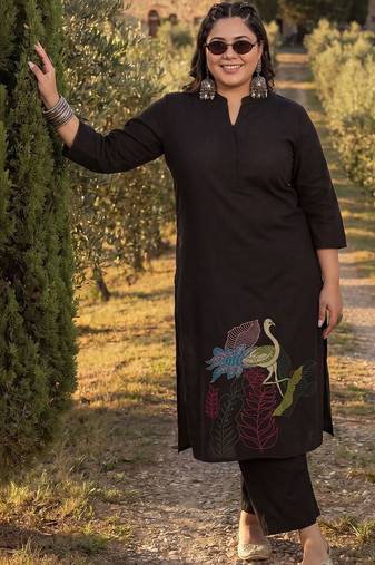 Plus Size Black Embroidered A-Line Kurta Palazzos Set