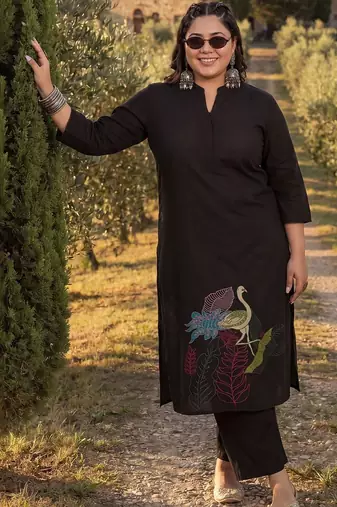 Plus Size Black Embroidered A-Line Kurta Palazzos Set