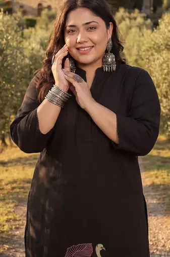 Plus Size Black Embroidered A-Line Kurta Palazzos Set
