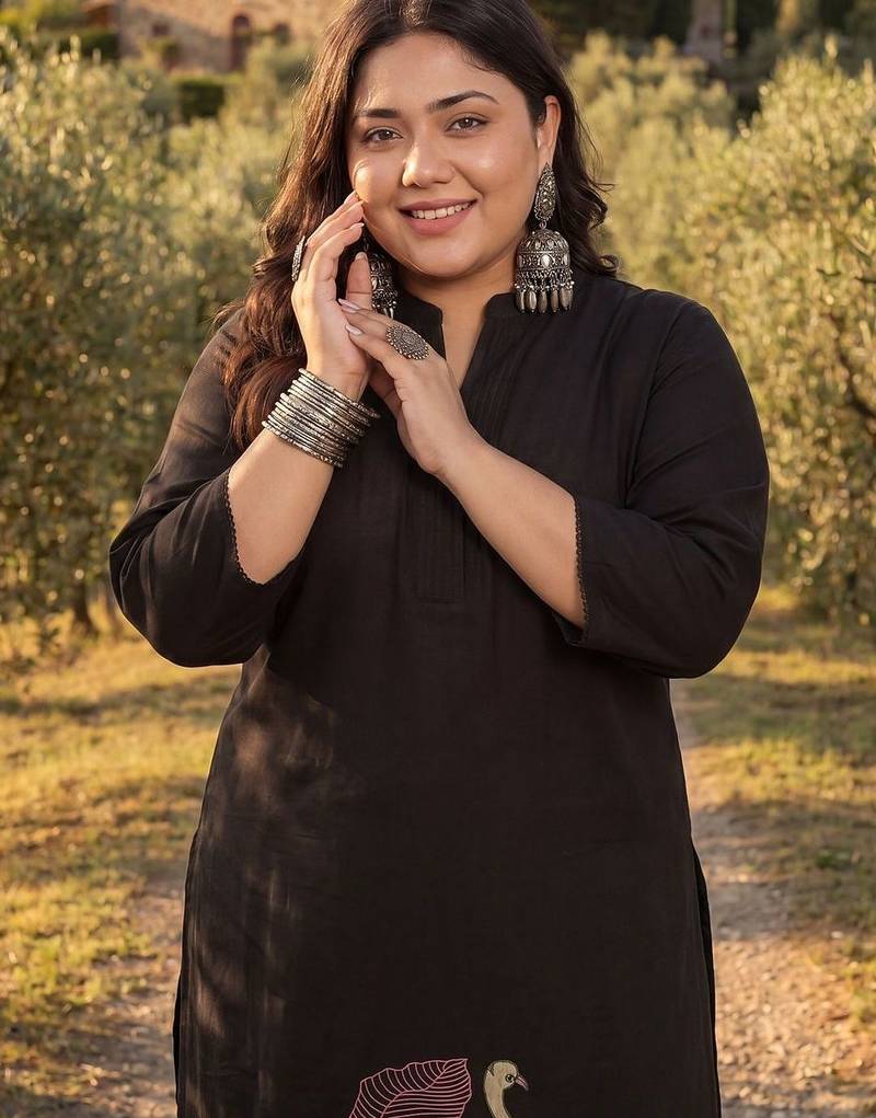 Plus Size Black Embroidered A-Line Kurta Palazzos Set