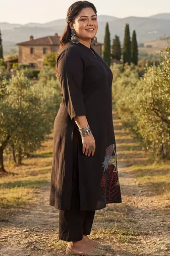 Plus Size Black Embroidered A-Line Kurta Palazzos Set