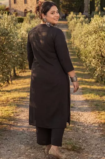 Plus Size Black Embroidered A-Line Kurta Palazzos Set