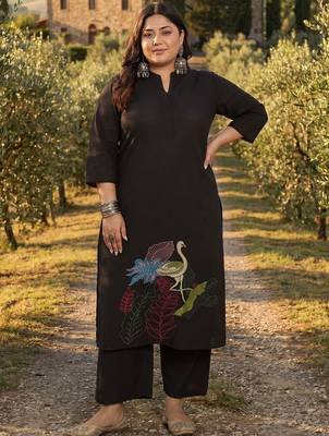 Plus Size Black Embroidered A-Line Kurta Palazzos Set 6