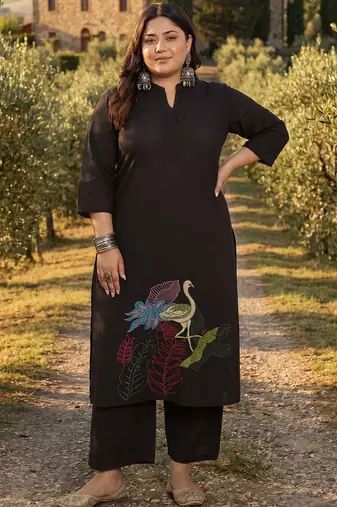 Plus Size Black Embroidered A-Line Kurta Palazzos Set