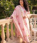 Plus Size Pink Printed Straight Kurta Trousers With Dupatta Set