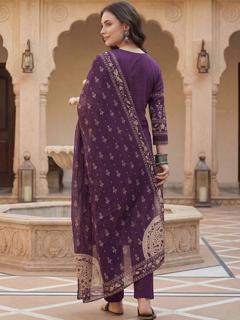 Women Ethnic Motifs Printed Regular Mirror Work Pure Cotton Kurta with Trousers & With Dupatta