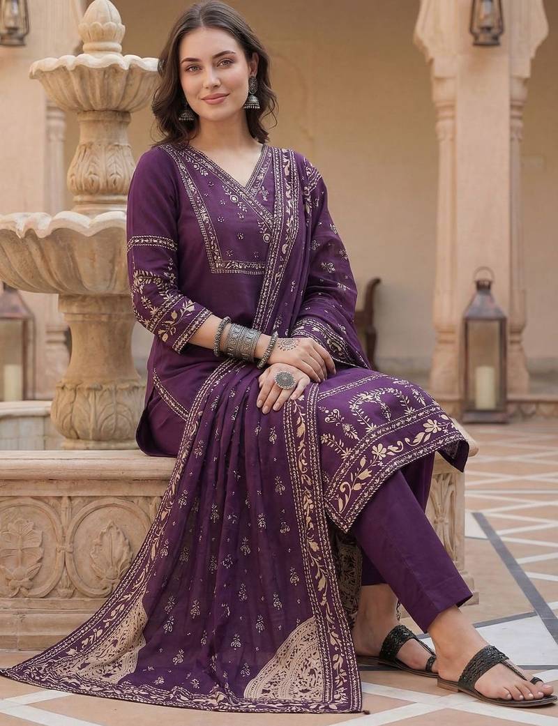 Women Ethnic Motifs Printed Regular Mirror Work Pure Cotton Kurta with Trousers & With Dupatta