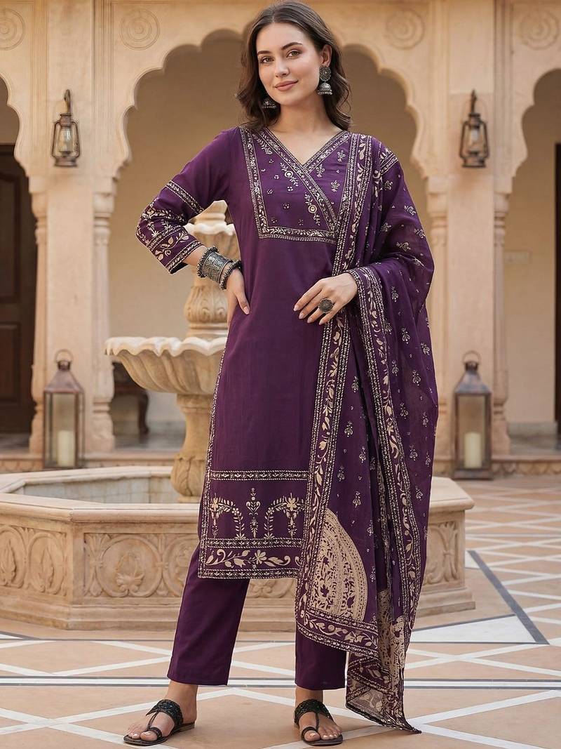Women Ethnic Motifs Printed Regular Mirror Work Pure Cotton Kurta with Trousers & With Dupatta