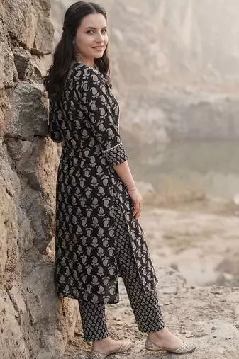 Women Paisley Printed Panelled Mirror Work Pure Cotton Kurta with Trousers