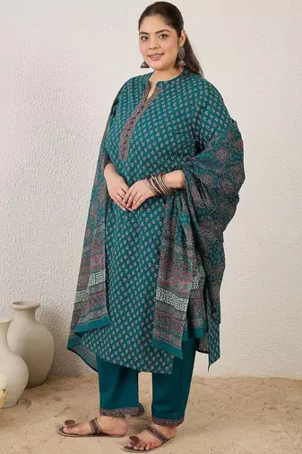 Plus Size Printed Regular Pure Cotton Kurta with Trousers & With Dupatta