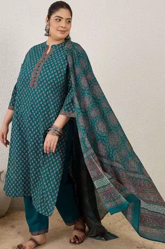 Plus Size Printed Regular Pure Cotton Kurta with Trousers & With Dupatta