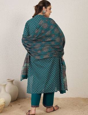 Plus Size Printed Regular Pure Cotton Kurta with Trousers & With Dupatta 6