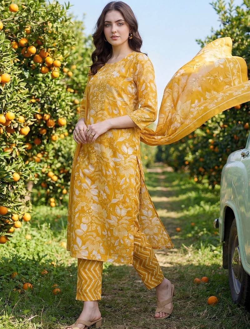 Women Floral Printed Regular Mirror Work Kurta with Trousers & With Dupatta