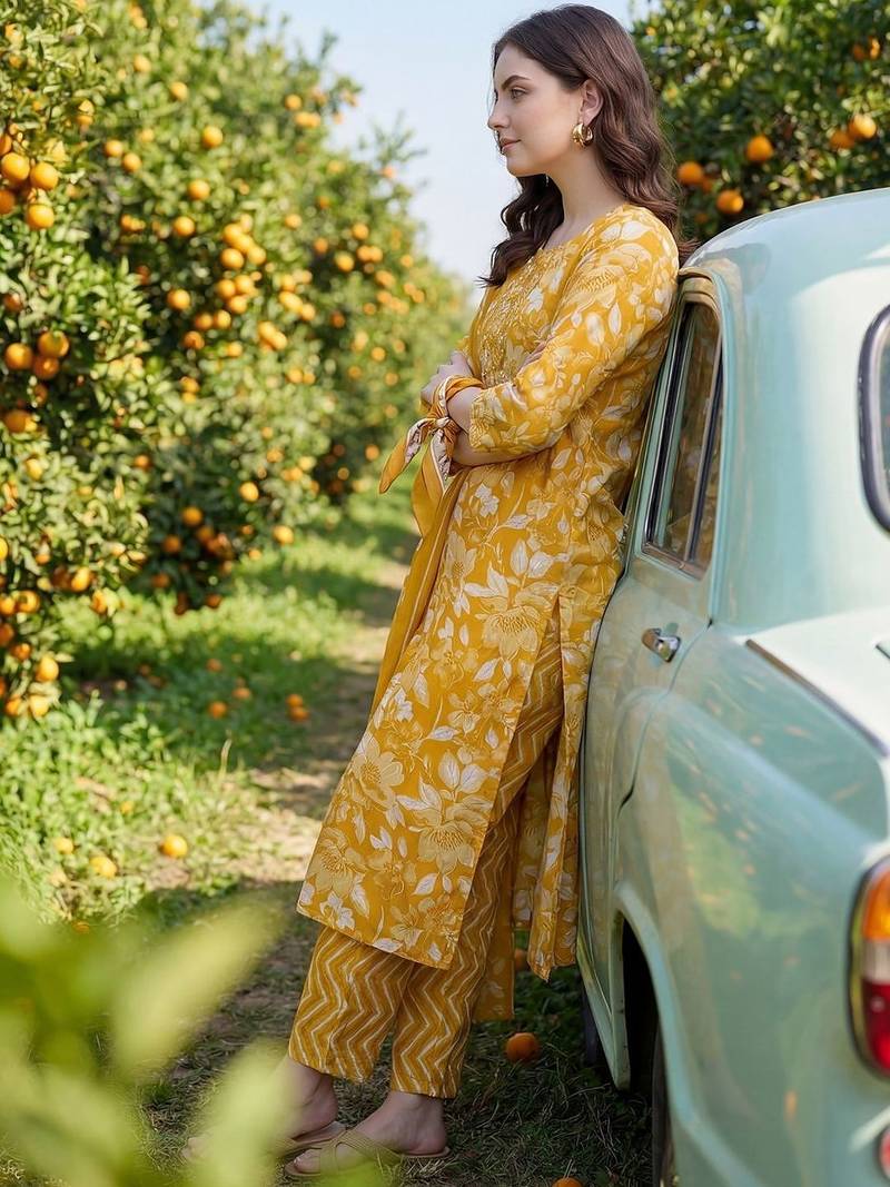 Women Floral Printed Regular Mirror Work Kurta with Trousers & With Dupatta