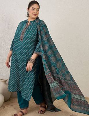 Plus Size Ethnic Printed Regular Pure Cotton Kurta with Trousers & With Dupatta 1