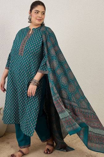 Plus Size Ethnic Printed Regular Pure Cotton Kurta with Trousers & With Dupatta