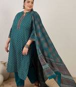 Plus Size Ethnic Printed Regular Pure Cotton Kurta with Trousers & With Dupatta