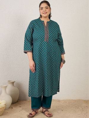 Plus Size Ethnic Printed Regular Pure Cotton Kurta with Trousers & With Dupatta 2