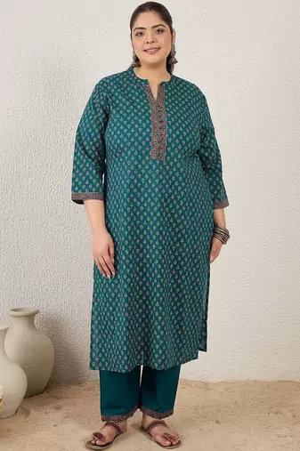 Plus Size Ethnic Printed Regular Pure Cotton Kurta with Trousers & With Dupatta
