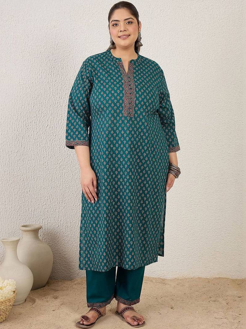 Plus Size Ethnic Printed Regular Pure Cotton Kurta with Trousers & With Dupatta