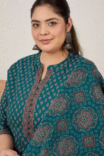 Plus Size Ethnic Printed Regular Pure Cotton Kurta with Trousers & With Dupatta