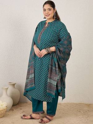 Plus Size Ethnic Printed Regular Pure Cotton Kurta with Trousers & With Dupatta 4