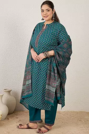 Plus Size Ethnic Printed Regular Pure Cotton Kurta with Trousers & With Dupatta