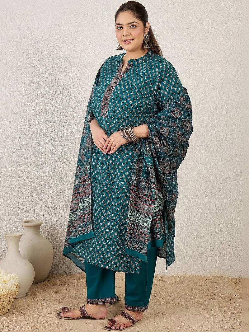 Plus Size Ethnic Printed Regular Pure Cotton Kurta with Trousers & With Dupatta