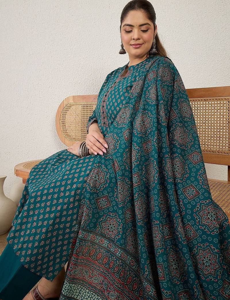 Plus Size Ethnic Printed Regular Pure Cotton Kurta with Trousers & With Dupatta