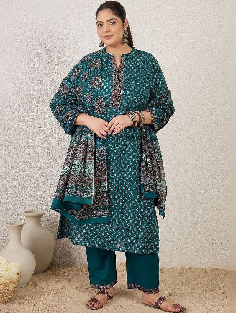 Plus Size Ethnic Printed Regular Pure Cotton Kurta with Trousers & With Dupatta