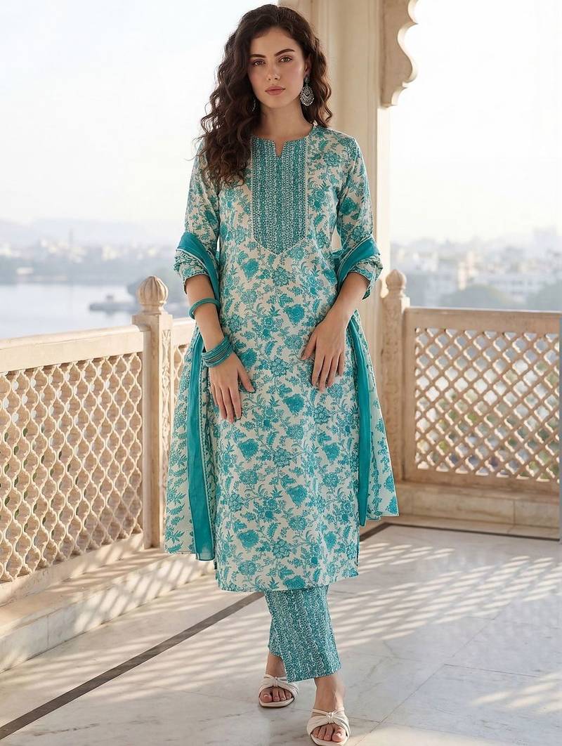 Women Floral Printed Regular Beads and Stones Kurta with Trousers & With Dupatta