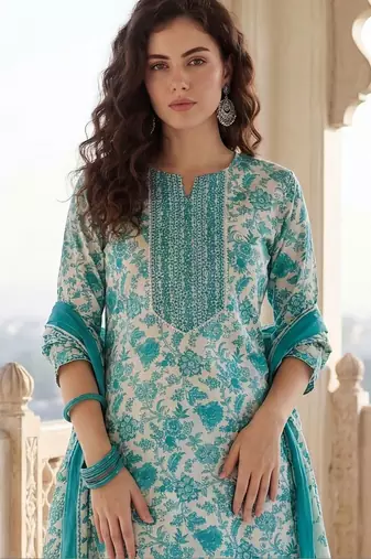 Women Floral Printed Regular Beads and Stones Kurta with Trousers & With Dupatta