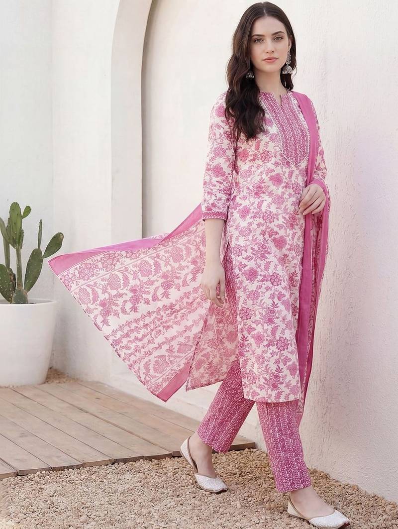 Women Floral Printed Regular Beads and Stones Kurta with Trousers & With Dupatta
