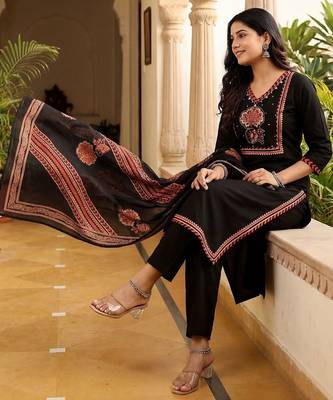 Women Ethnic Motifs Printed Regular Mirror Work Pure Cotton Kurta with Trousers & With Dupatta 1
