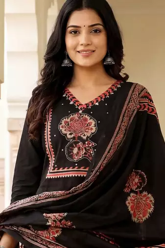Women Ethnic Motifs Printed Regular Mirror Work Pure Cotton Kurta with Trousers & With Dupatta