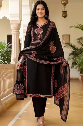 Women Ethnic Motifs Printed Regular Mirror Work Pure Cotton Kurta with Trousers & With Dupatta