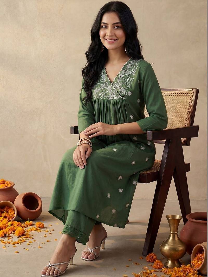 Women Ethnic Motifs Embroidered Panelled Thread Work Kurta with Palazzos