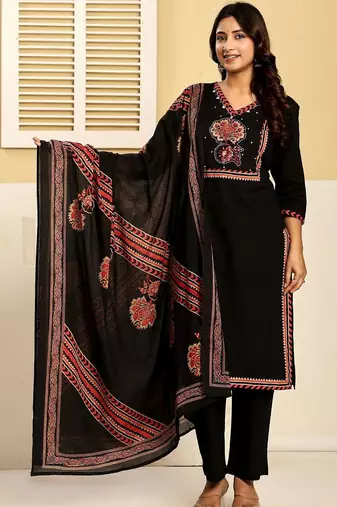 Women Ethnic Motifs Printed Regular Mirror Work Pure Cotton Kurta with Trousers & With Dupatta