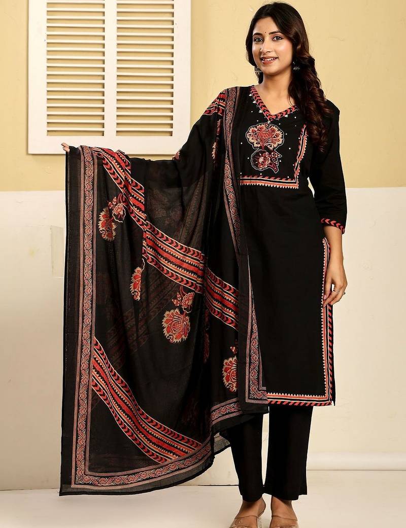 Women Ethnic Motifs Printed Regular Mirror Work Pure Cotton Kurta with Trousers & With Dupatta