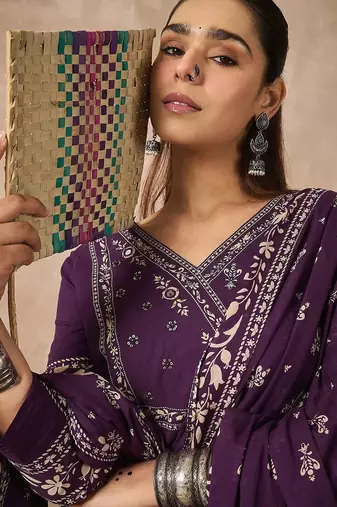 Women Ethnic Motifs Printed Regular Mirror Work Pure Cotton Kurta with Trousers & With Dupatta