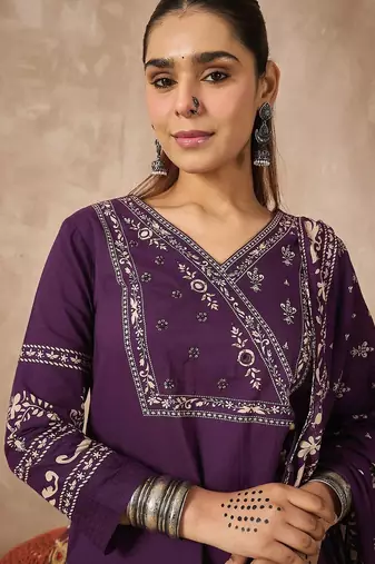 Women Ethnic Motifs Printed Regular Mirror Work Pure Cotton Kurta with Trousers & With Dupatta